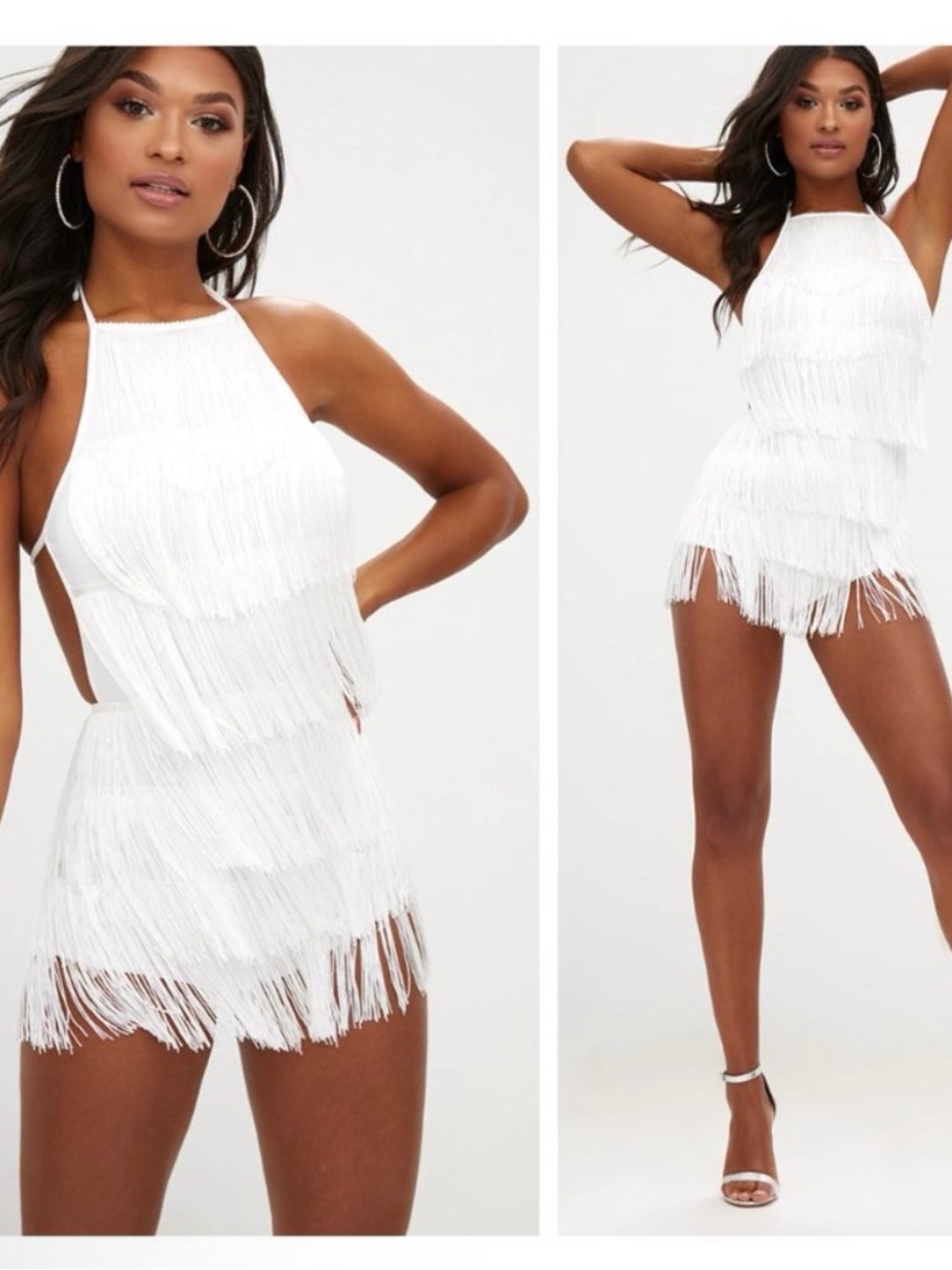 PrettyLittleThing White Fringe Halter Playsuit